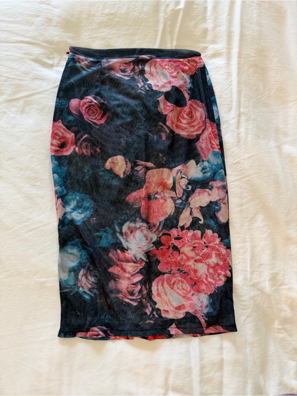 Miaou Black Pencil Skirt with Pink and Blue Floral Print